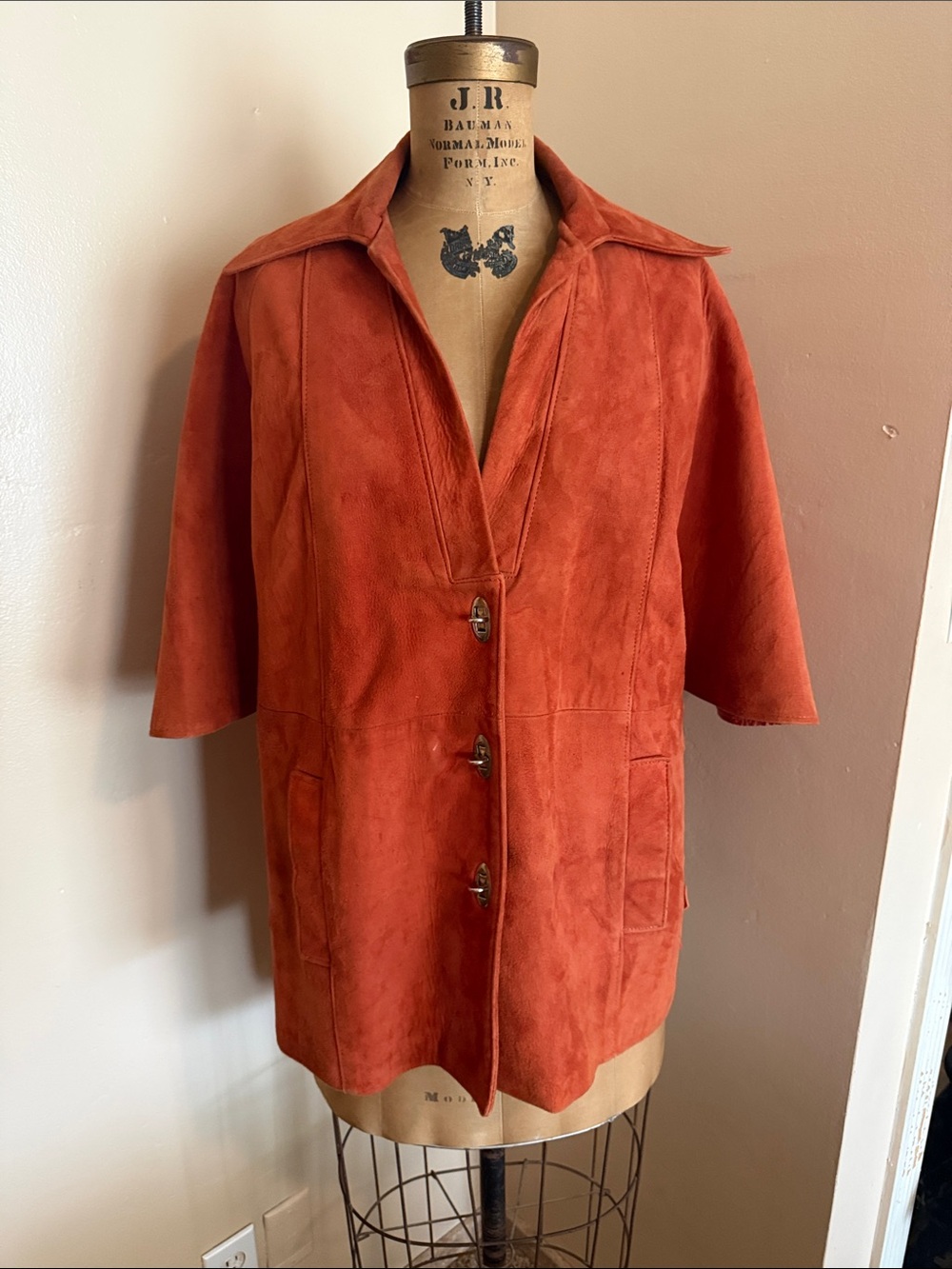 Vintage Suede Leather Cape Sleeve Jacket Silk Lined Burnt Orange 70s Mod L